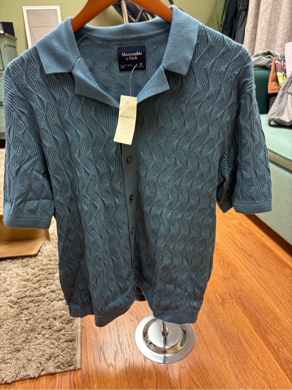 Abercrombie & Fitch Deep Teal Cable-Knit Polo Cardigan